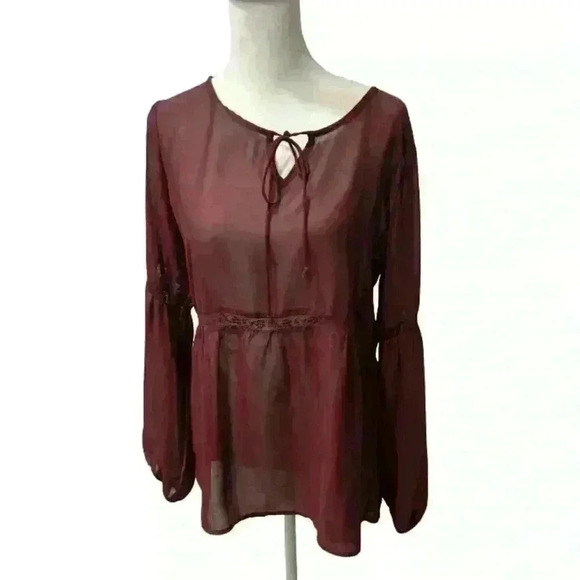Charming Charlie Burgundy Long Sleeve Sheer Blouse - Picture 1 of 7